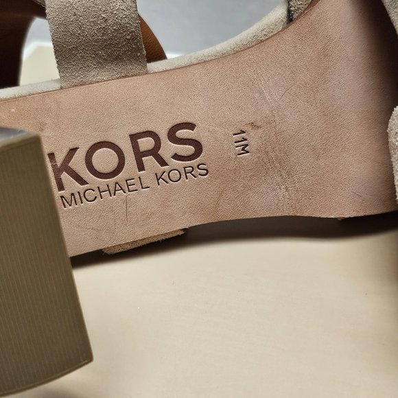 New Womens Michael Kors Suede Light Camel Clear Chunky Heel Leather Soles 11 - Picture 12 of 15